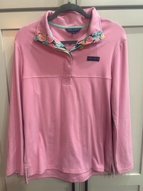 Simply Southern Pink Floral-Trim Quarter Zip Pullover SZ S